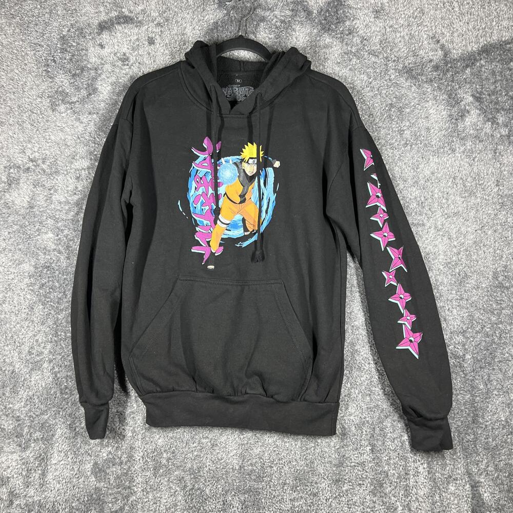 Naruto Hoodie Mens Medium Black Pullover Anime Graphic Print Hooded Drawstring